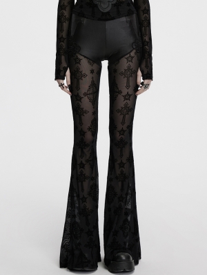 Black Gothic Cross Flocking Embroidered Long Flare Pants for Women