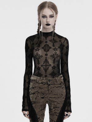 Black Sexy Gothic Cross Flocking Mesh  Long Sleeve Shirt for Women