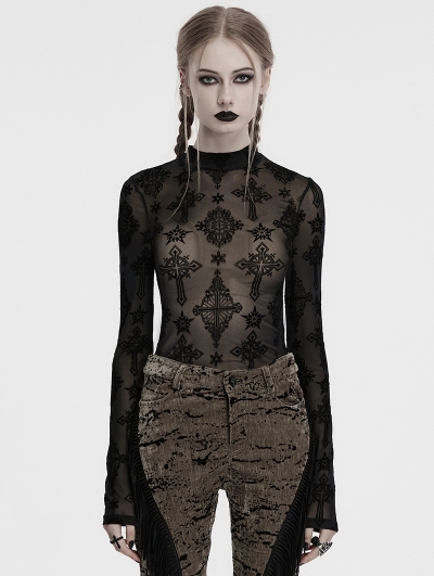 Black Sexy Gothic Cross Flocking Mesh  Long Sleeve Shirt for Women