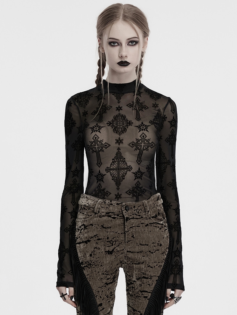 Black Sexy Gothic Cross Flocking Mesh  Long Sleeve Shirt for Women