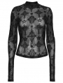 Black Sexy Gothic Cross Flocking Mesh  Long Sleeve Shirt for Women