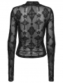 Black Sexy Gothic Cross Flocking Mesh  Long Sleeve Shirt for Women