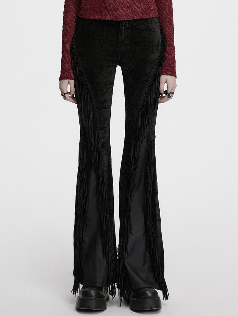 Black Gothic Wasteland Tassel Long Flared Pants for Women