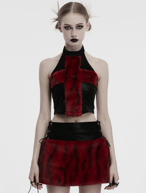 Black and Red Gothic Flame Tie-Dyed Fur Vest Top for Women