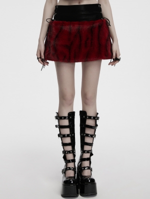Black and Red Gothic Flame Tie-Dyed Fur A-Line Mini Skirt