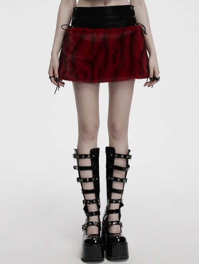 Black and Red Gothic Flame Tie-Dyed Fur A-Line Mini Skirt