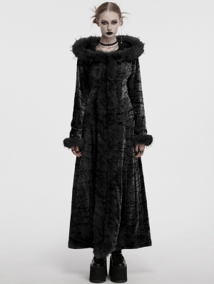 Black Gothic Wasteland Fur Hooded Long Coat for Women