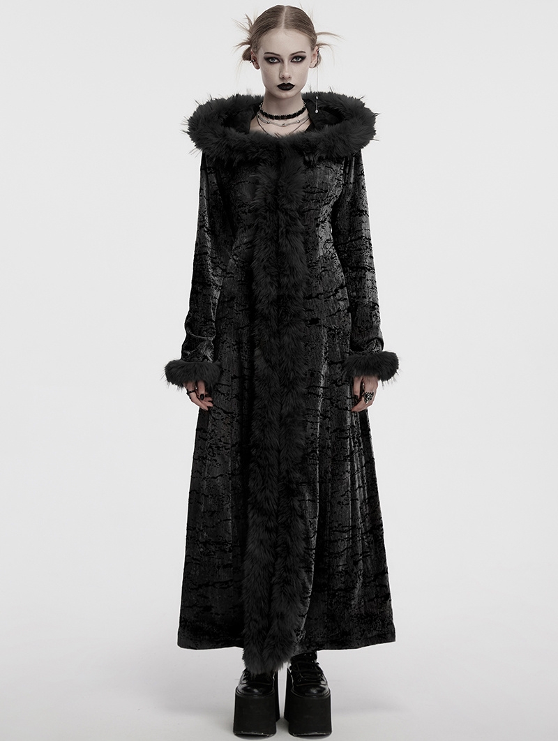Black Gothic Wasteland Fur Hooded Long Coat for Women