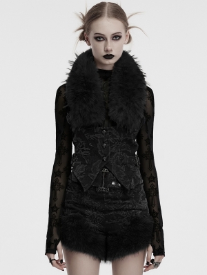 Black Gothic Detachable Fur Collar Denim Vest for Women