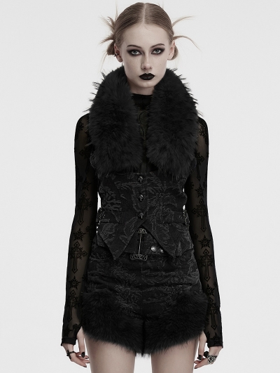 Black Gothic Detachable Fur Collar Denim Vest for Women