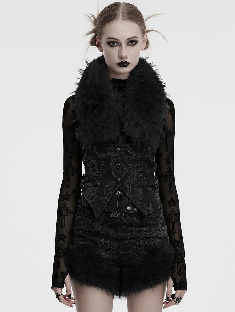 Black Gothic Detachable Fur Collar Denim Vest for Women