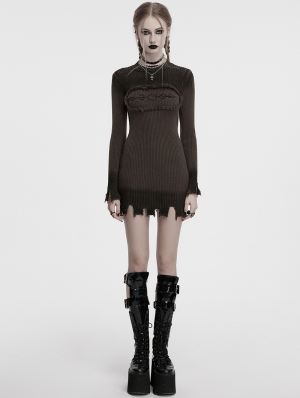 Coffee Gothic Decadent Lunar Eclipse Embroidered Knitted Short Dress