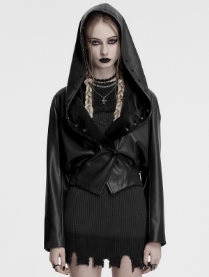 Black Gothic Punk Lapel Hooded Leather Jacket for Women