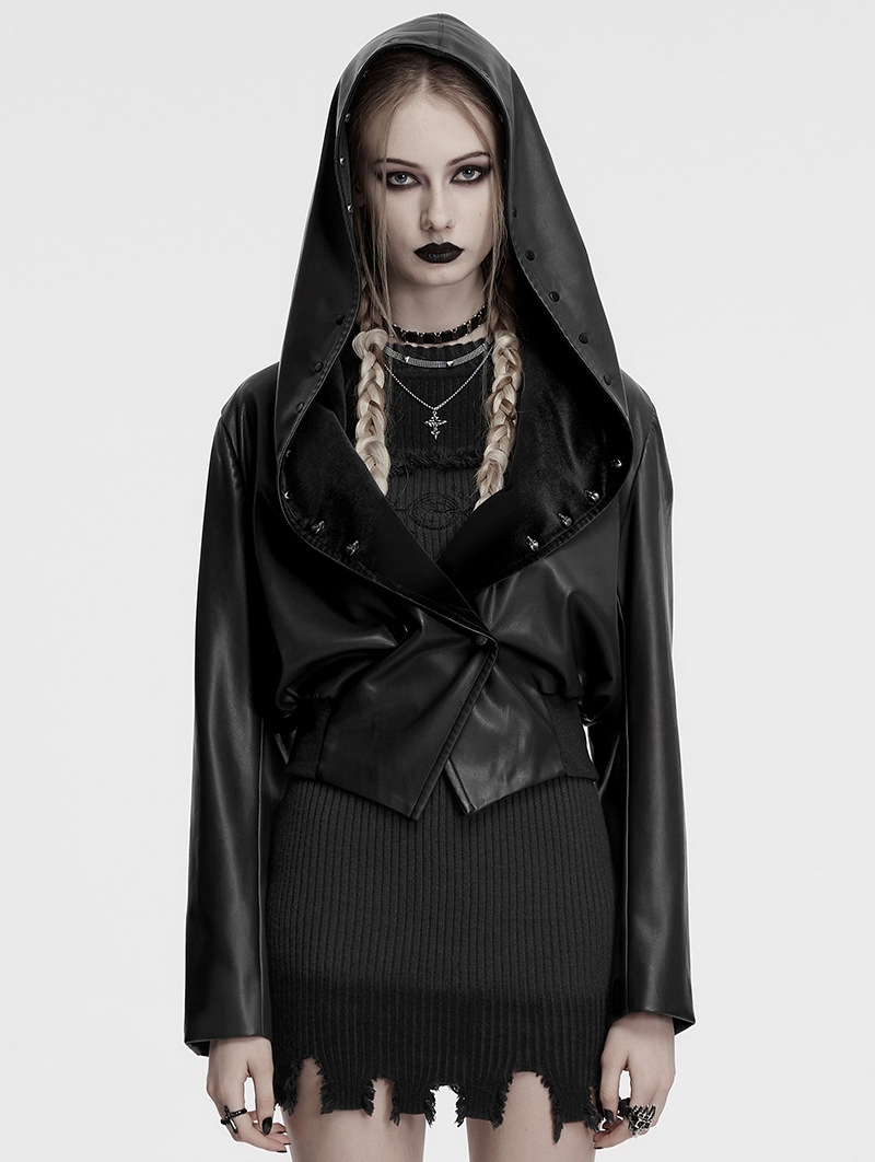Black Gothic Punk Lapel Hooded Leather Jacket for Women