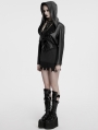 Black Gothic Punk Lapel Hooded Leather Jacket for Women