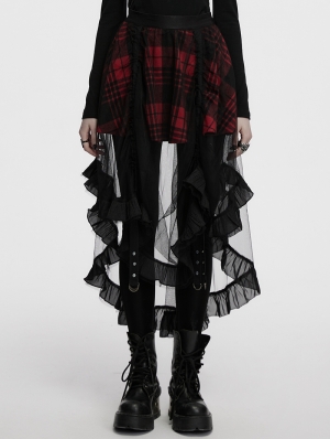 Black and Red Gothic Mesh Plaid Ruffled High-Low Skirt