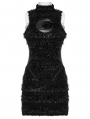 Black Gothic Crescent Embroidered Striped Plush Sleeveless Dress