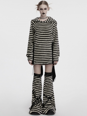 Black and White Gothic Striped Bunny Ear Hoodie Dress