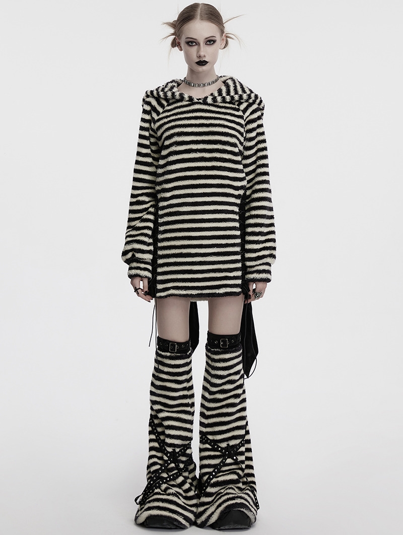 Black and White Gothic Striped Bunny Ear Hoodie Dress