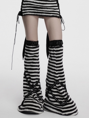Black and White Gothic Striped Plush Leg Warmers