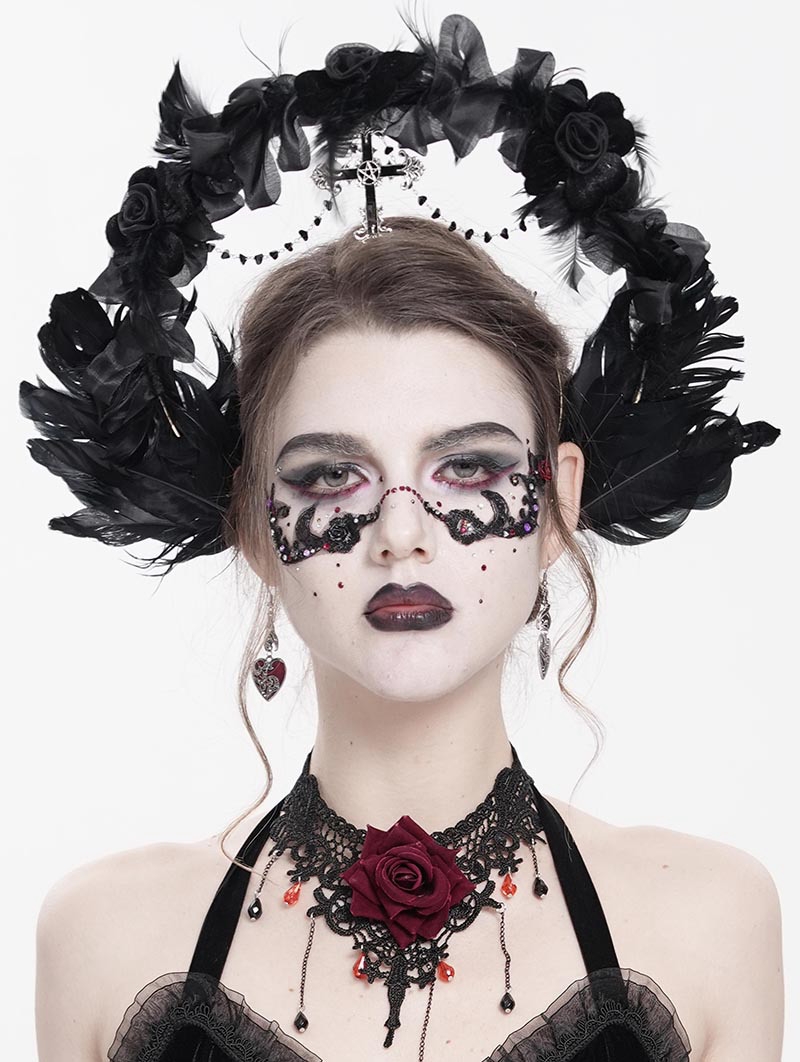 Black Gothic Cross Flower Feathered Headband