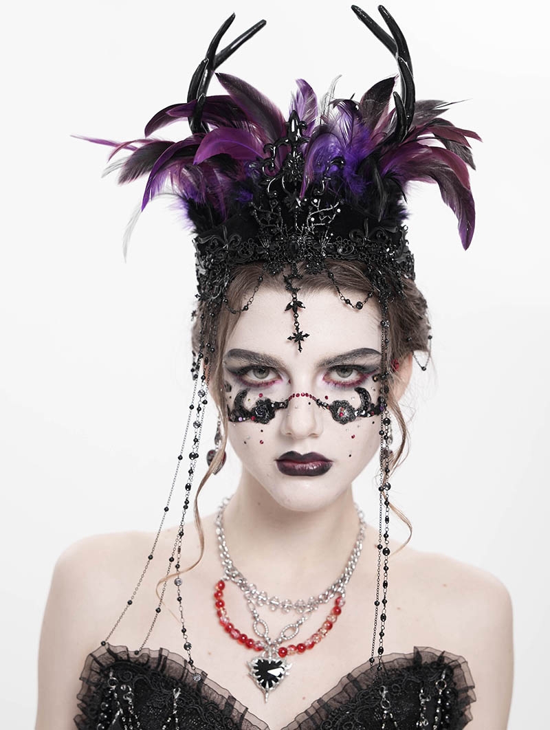 Black and Purple Gothic Feather Beaded Crown Headdress