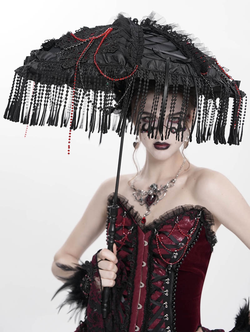 Black and Red Gothic Retro Bead Chain Tassel Umbrella