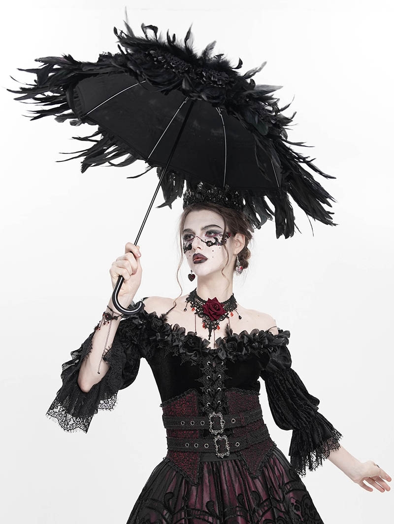 Black Gothic Vintage Ruched Feather Umbrella