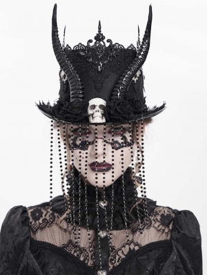 Black Gothic Skull Horn Beaded Tassel Hat