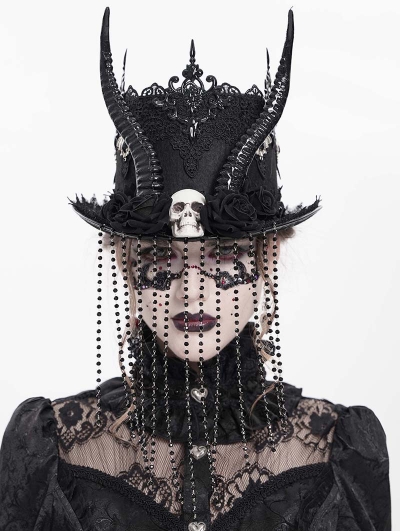 Black Gothic Skull Horn Beaded Tassel Hat