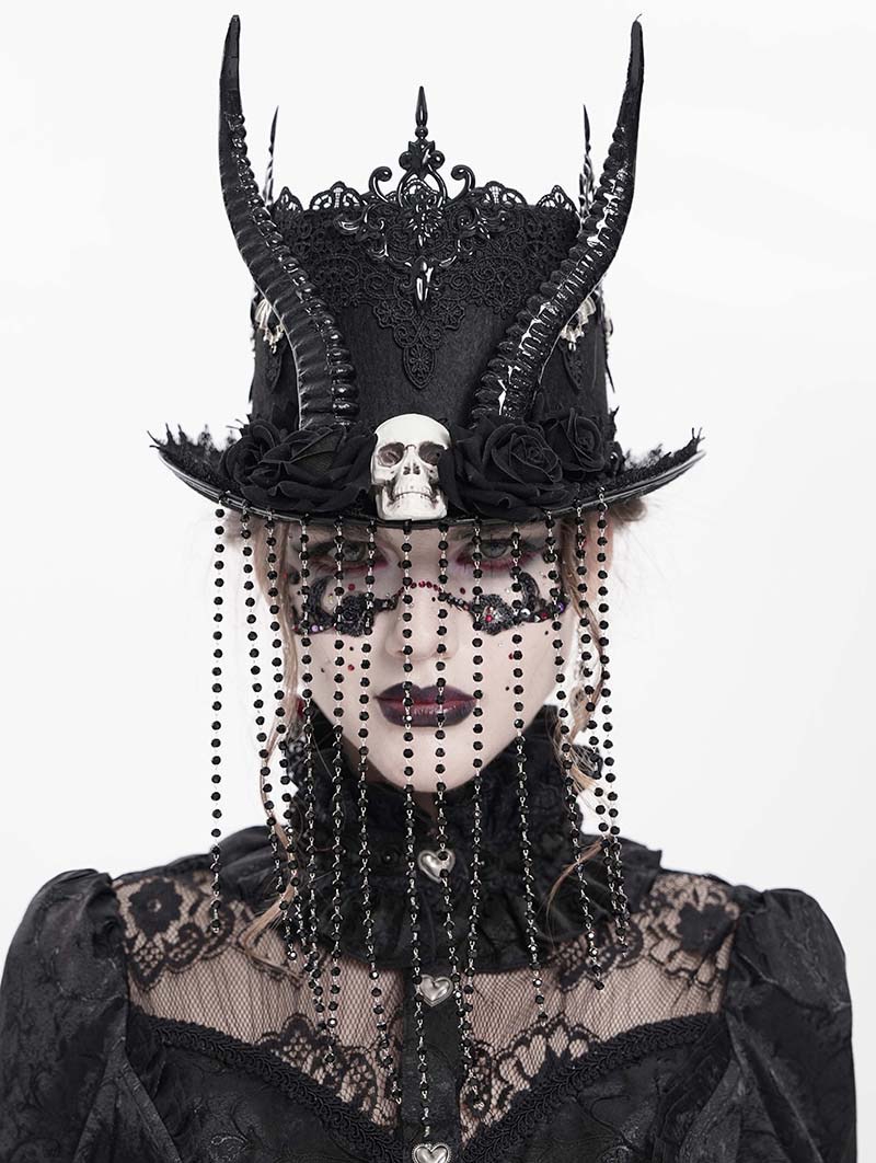Black Gothic Skull Horn Beaded Tassel Hat