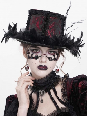 Black and Red Brocade Gothic Floral Feather Hat