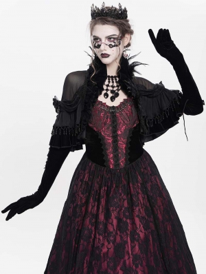 Black Gothic Feather Mesh Spliced Velvet Short Cape for Women