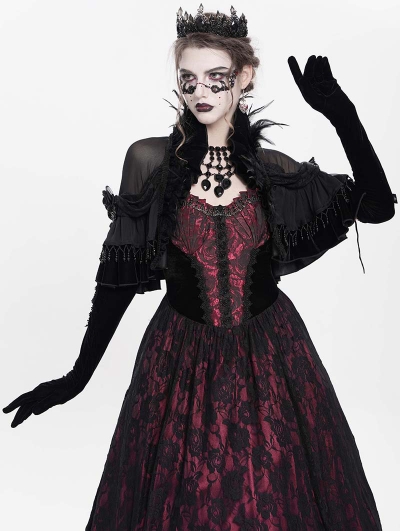 Black Gothic Feather Mesh Spliced Velvet Short Cape for Women
