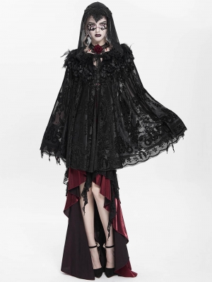 Black Gothic Floral Embroidered Feather Hooded Cloak for Women