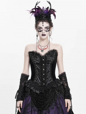 Black Gothic Beaded Lace Victorian Overbust Corset Top for Women