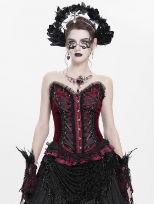 Red Gothic Beaded Lace Victorian Overbust Corset Top for Women
