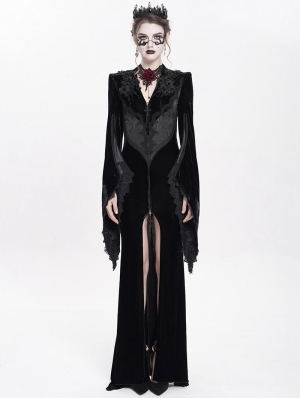 Black Gothic Embroidered Velvet Long Fishtail Dress Coat 