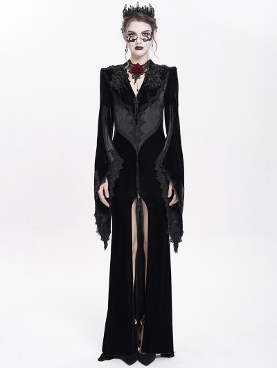 Black Gothic Embroidered Velvet Long Fishtail Dress Coat 