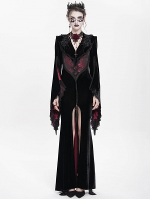 Black and Red Gothic Embroidered Velvet Long Fishtail Dress Coat
