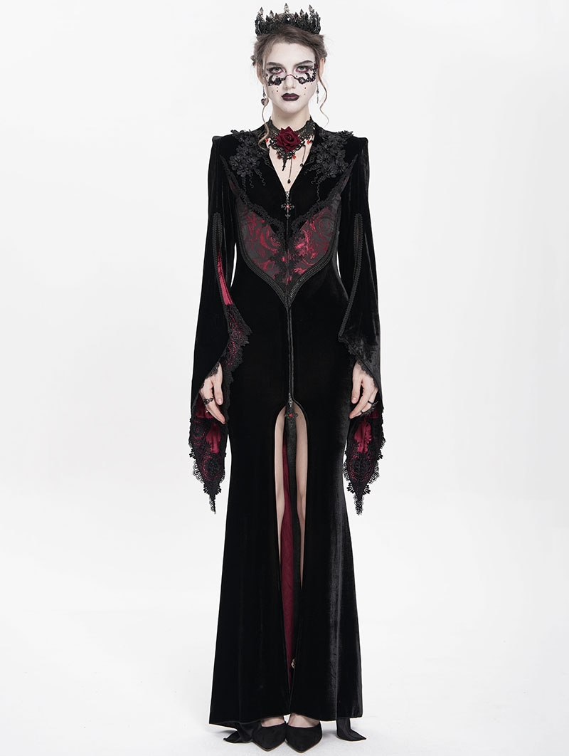 Black and Red Gothic Embroidered Velvet Long Fishtail Dress Coat