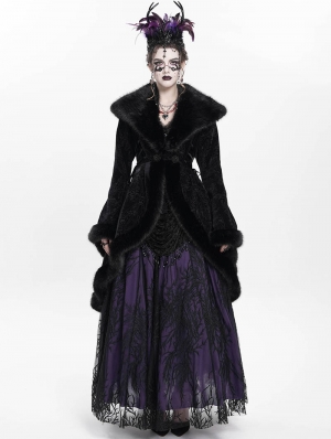 Black Gothic Floral Embroidered Fluffy Fur Coat for Women