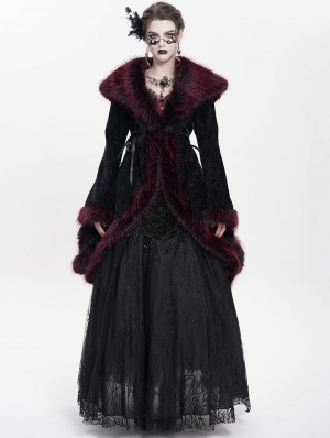 Red Gothic Floral Embroidered Fluffy Fur Coat for Women