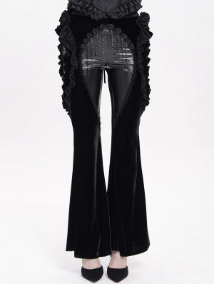 Black Gothic Flower Faux Leather Velvet Flared Pants for Women