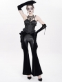 Black Gothic Flower Faux Leather Velvet Flared Pants for Women