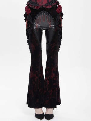 Black and Red Gothic Flower Faux Leather Velvet Flared Pants for Women