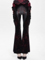 Black and Red Gothic Flower Faux Leather Velvet Flared Pants for Women