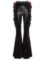 Black and Red Gothic Flower Faux Leather Velvet Flared Pants for Women