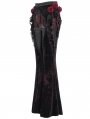 Black and Red Gothic Flower Faux Leather Velvet Flared Pants for Women