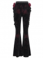 Black and Red Gothic Flower Faux Leather Velvet Flared Pants for Women